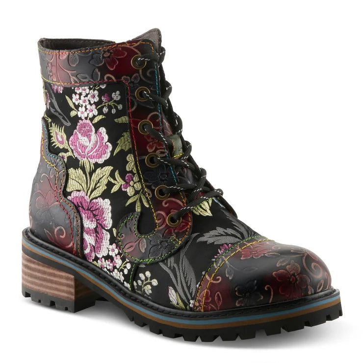 Spring Step Women's Fantastic Printed Side Zip Heeled Lace Boot in Black Multi