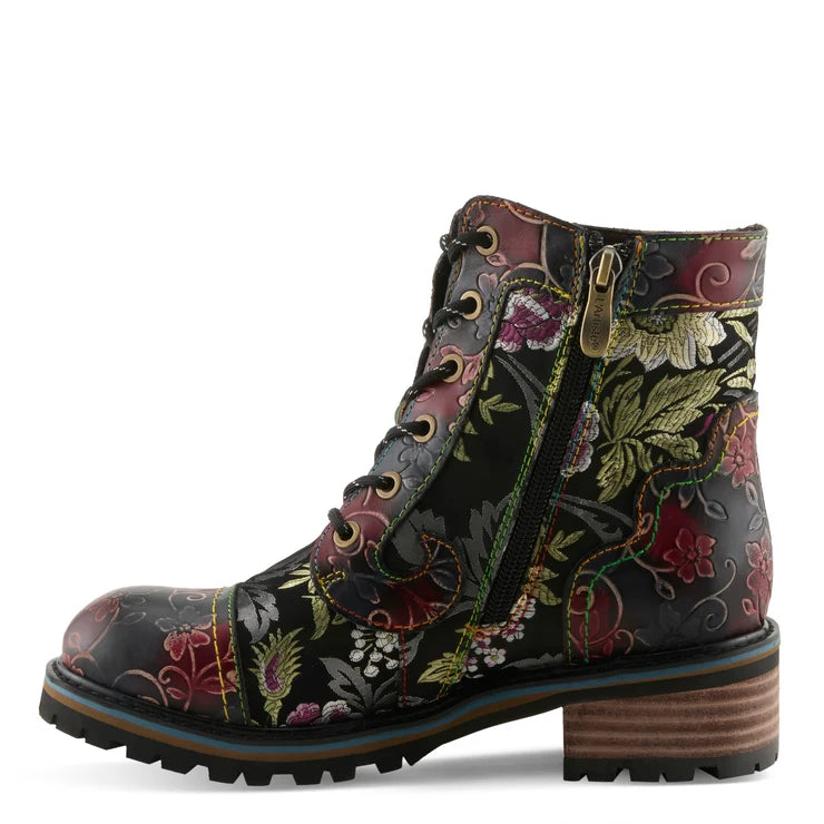 Spring Step Women's Fantastic Printed Side Zip Heeled Lace Boot in Black Multi