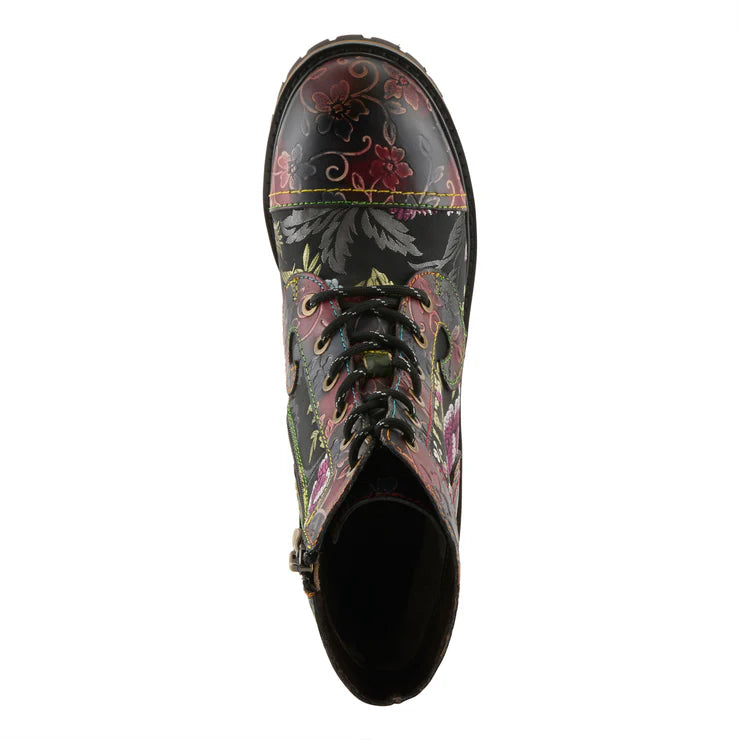 Spring Step Women's Fantastic Printed Side Zip Heeled Lace Boot in Black Multi