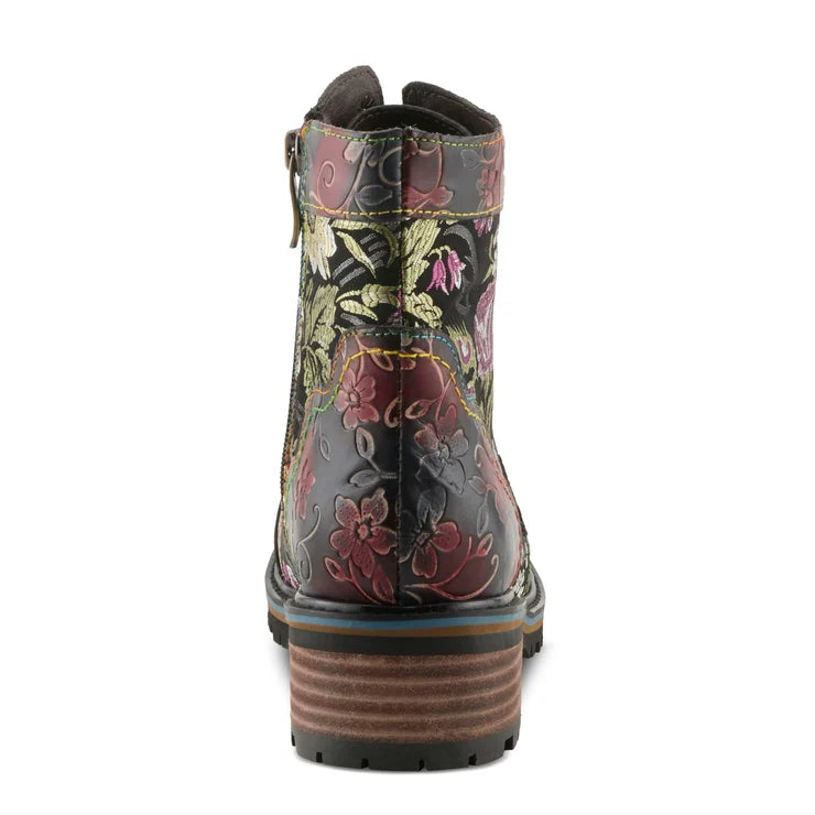 Spring Step Women's Fantastic Printed Side Zip Heeled Lace Boot in Black Multi