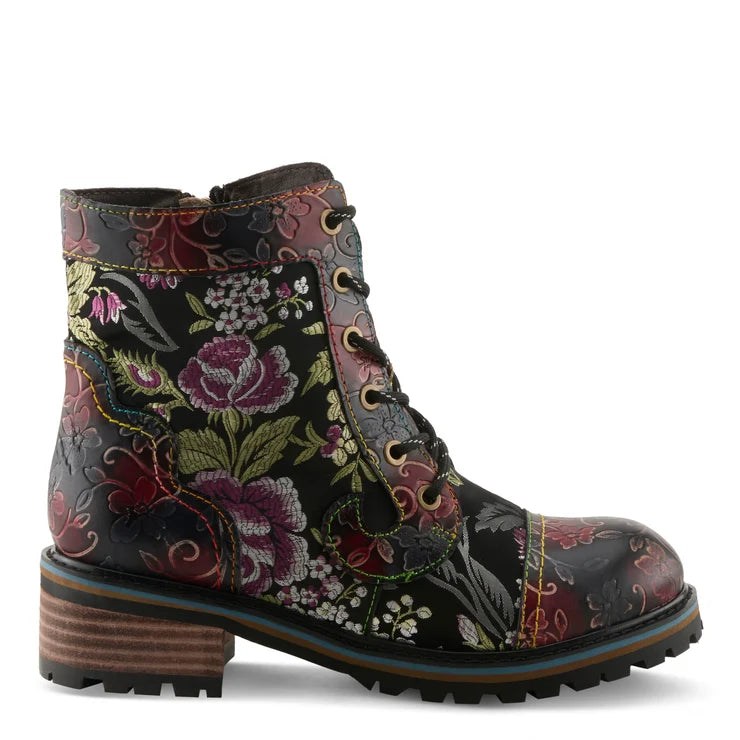 Spring Step Women's Fantastic Printed Side Zip Heeled Lace Boot in Black Multi