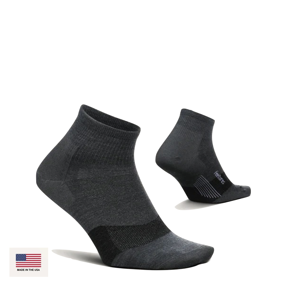 Side and bottom view of Features Merino 10 Max Cushion Quarter Socks.