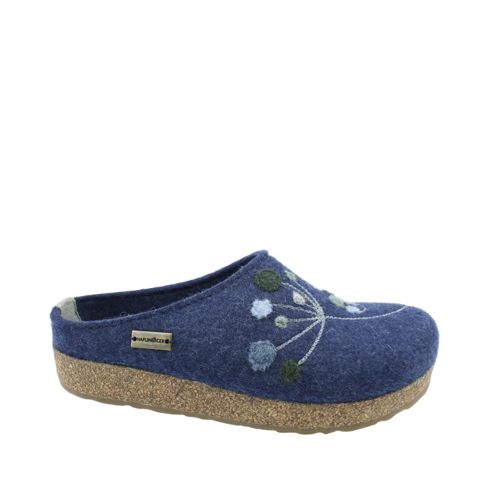 Side (right) view of Haflinger Amaya Flowers Wool Clog for women.