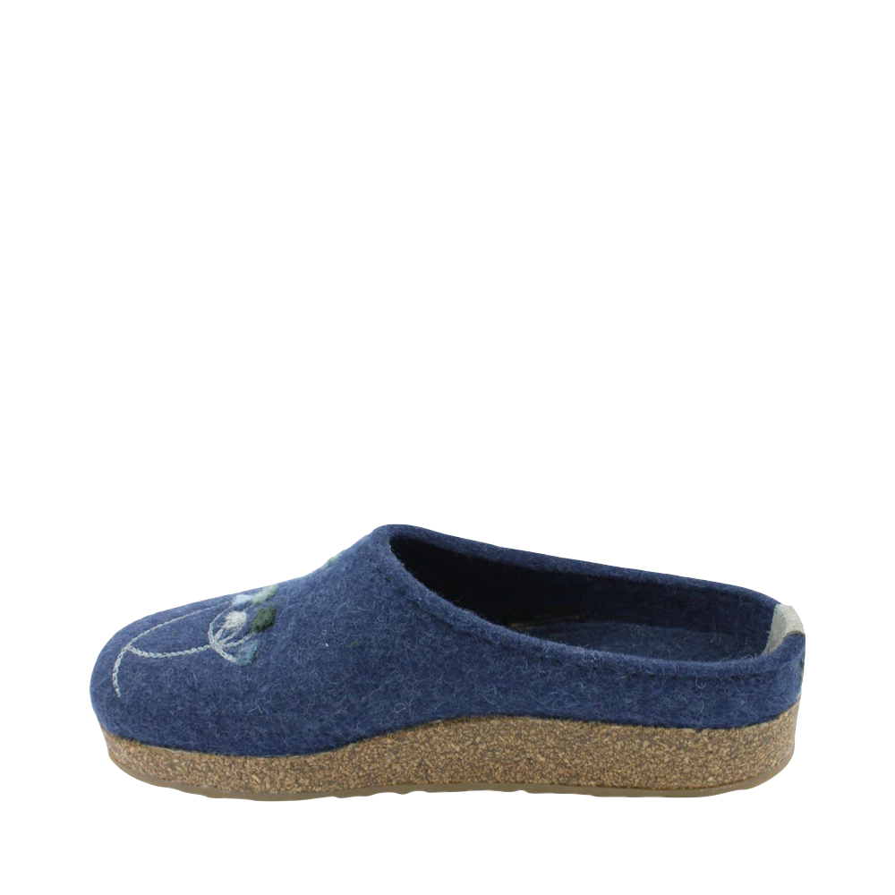 Side (left) view of Haflinger Amaya Flowers Wool Clog for women.
