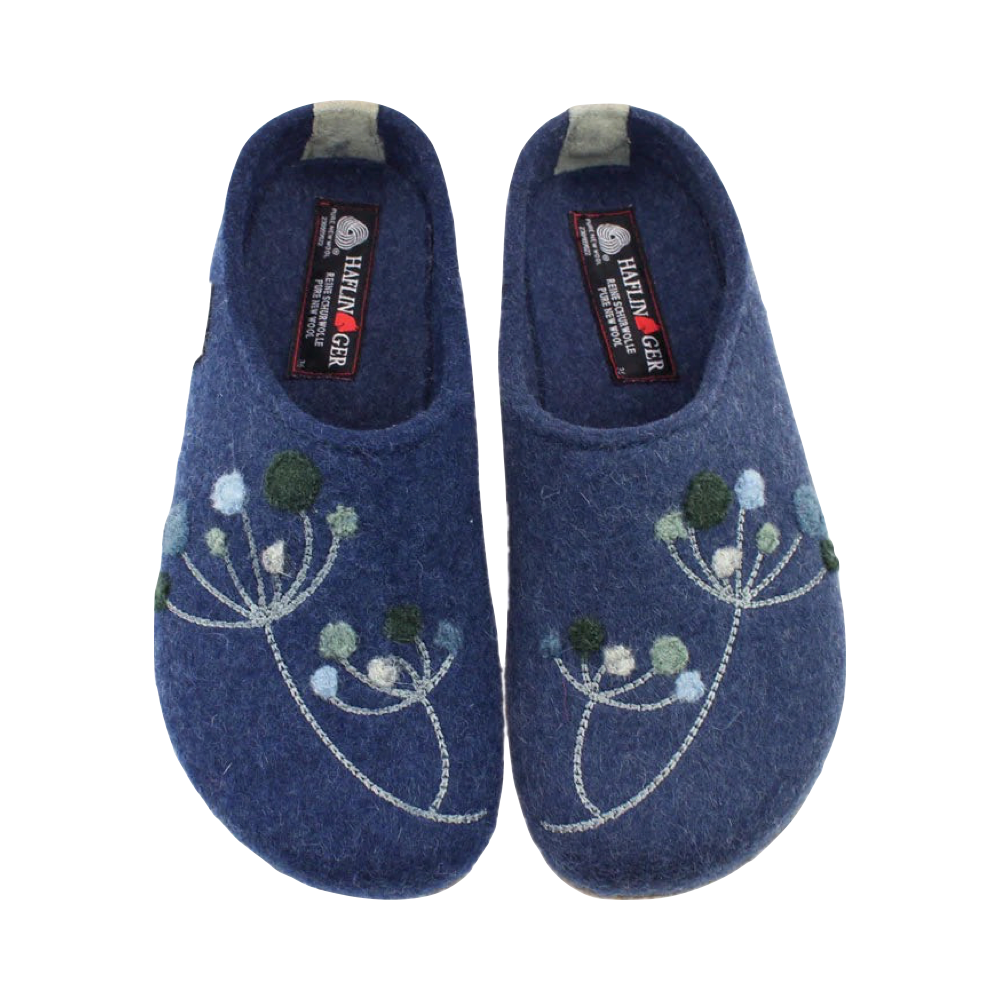 Top-down view of Haflinger Amaya Flowers Wool Clog for women.