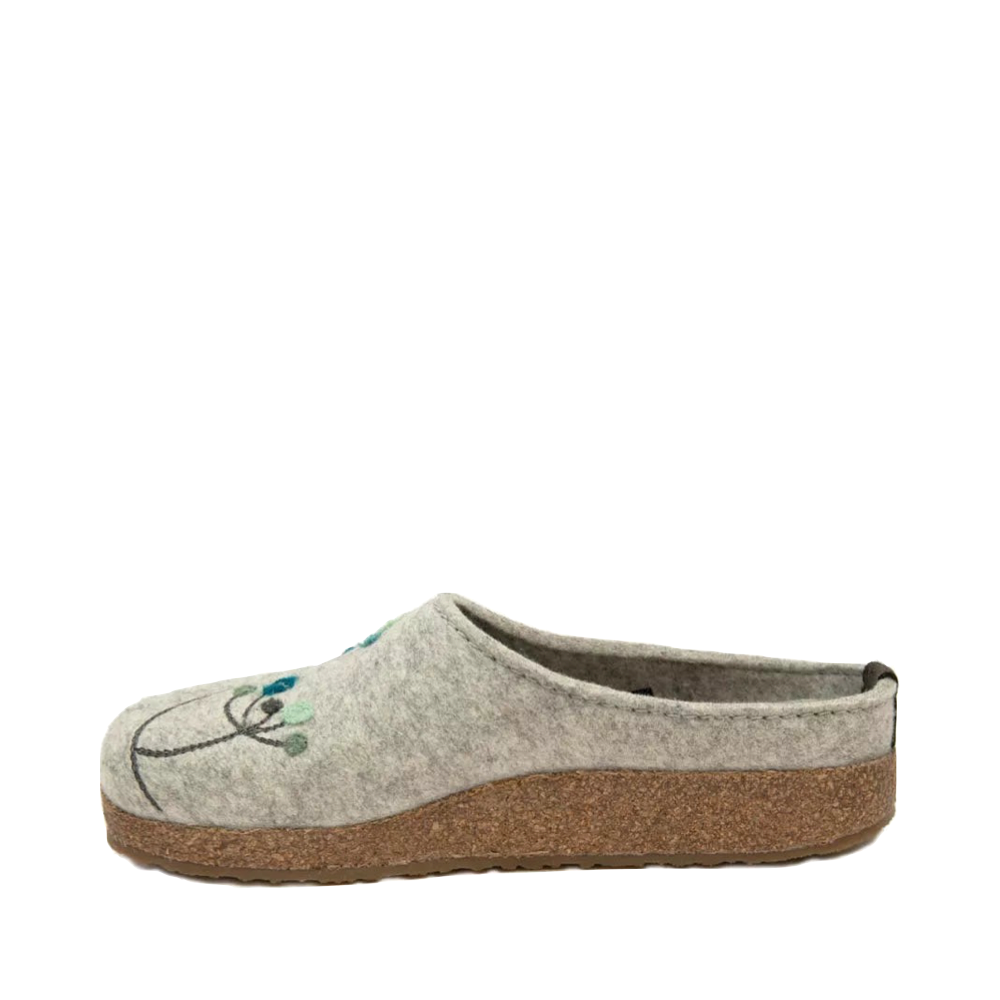 Side (left) view of Haflinger Amaya Flowers Wool Clog for women.