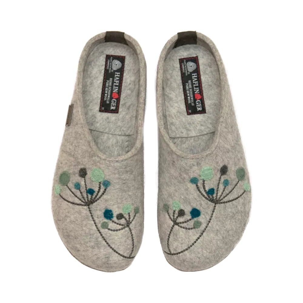 Top-down view of Haflinger Amaya Flowers Wool Clog for women.
