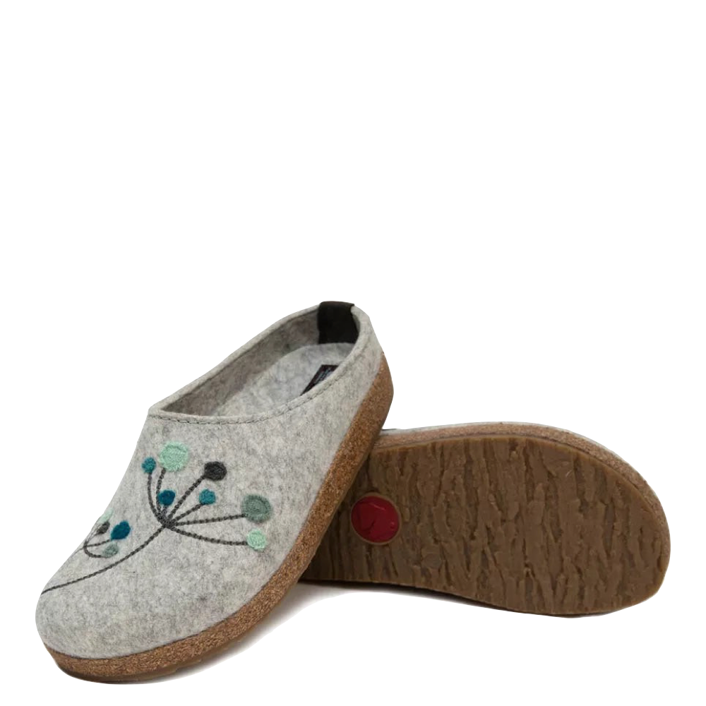 Side and bottom view of Haflinger Amaya Flowers Wool Clog for women.