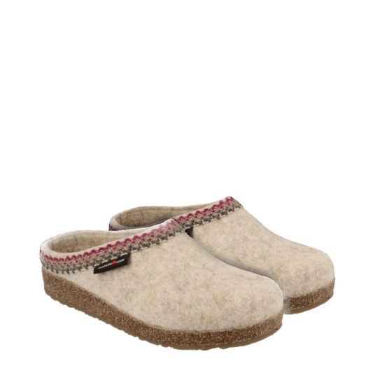 Toe view of Haflinger Grizzly Zig Zag Wool Clog for women.
