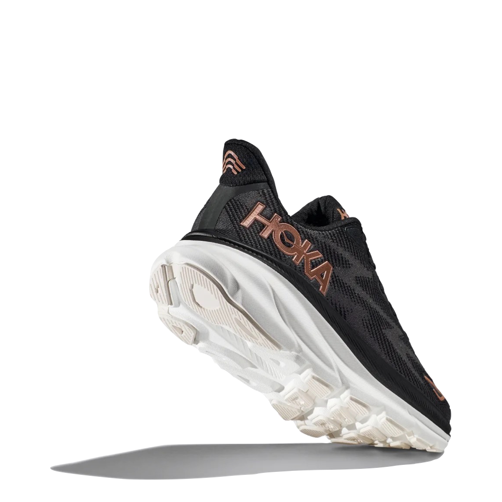 Hoka Women's Clifton 9 Sneaker in Black/Rose Gold