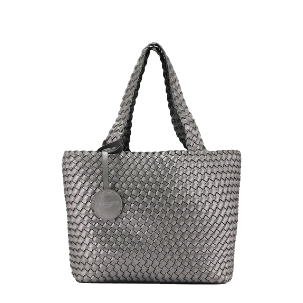Front view of Gunmetal side of  Ilse Jacobsen Bag 08 Reversible Woven Tote for women.