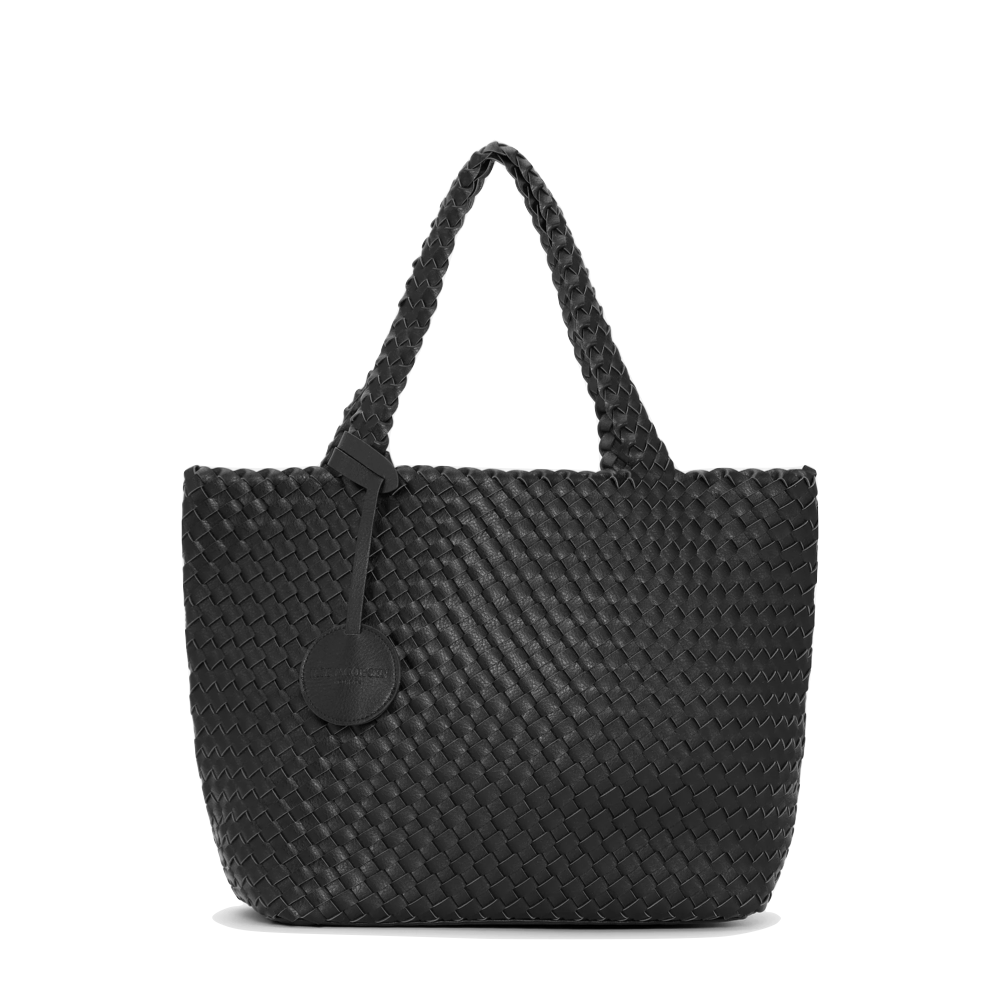 Front view of Black side of Ilse Jacobsen Bag 08 Reversible Woven Tote for women.