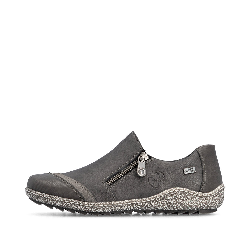 Rieker Women's Liv 71 Low Side Zip Waterproof Slip On in Gray Fumo/Mineral/Basalt