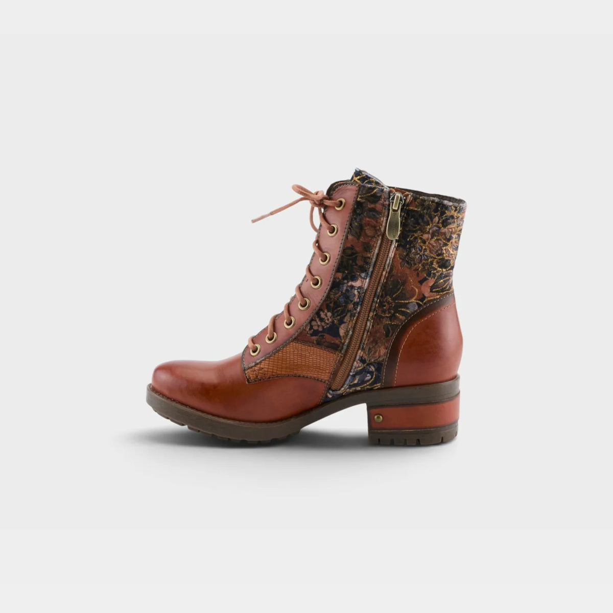 Spring Step Women's Marty-Flow Side Zip Lace Heeled Boot in Camel Multi