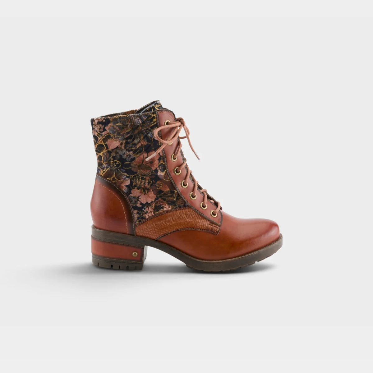 Spring Step Women's Marty-Flow Side Zip Lace Heeled Boot in Camel Multi