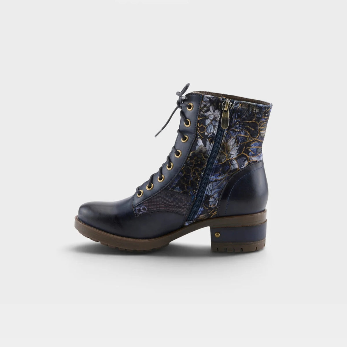 Spring Step Women's Marty-Flow Side Zip Lace Heeled Boot in Navy Multi