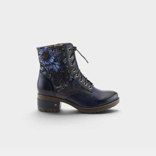 Spring Step Women's Marty-Flow Side Zip Lace Heeled Boot in Navy Multi