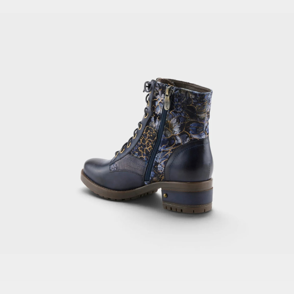 Spring Step Women's Marty-Flow Side Zip Lace Heeled Boot in Navy Multi