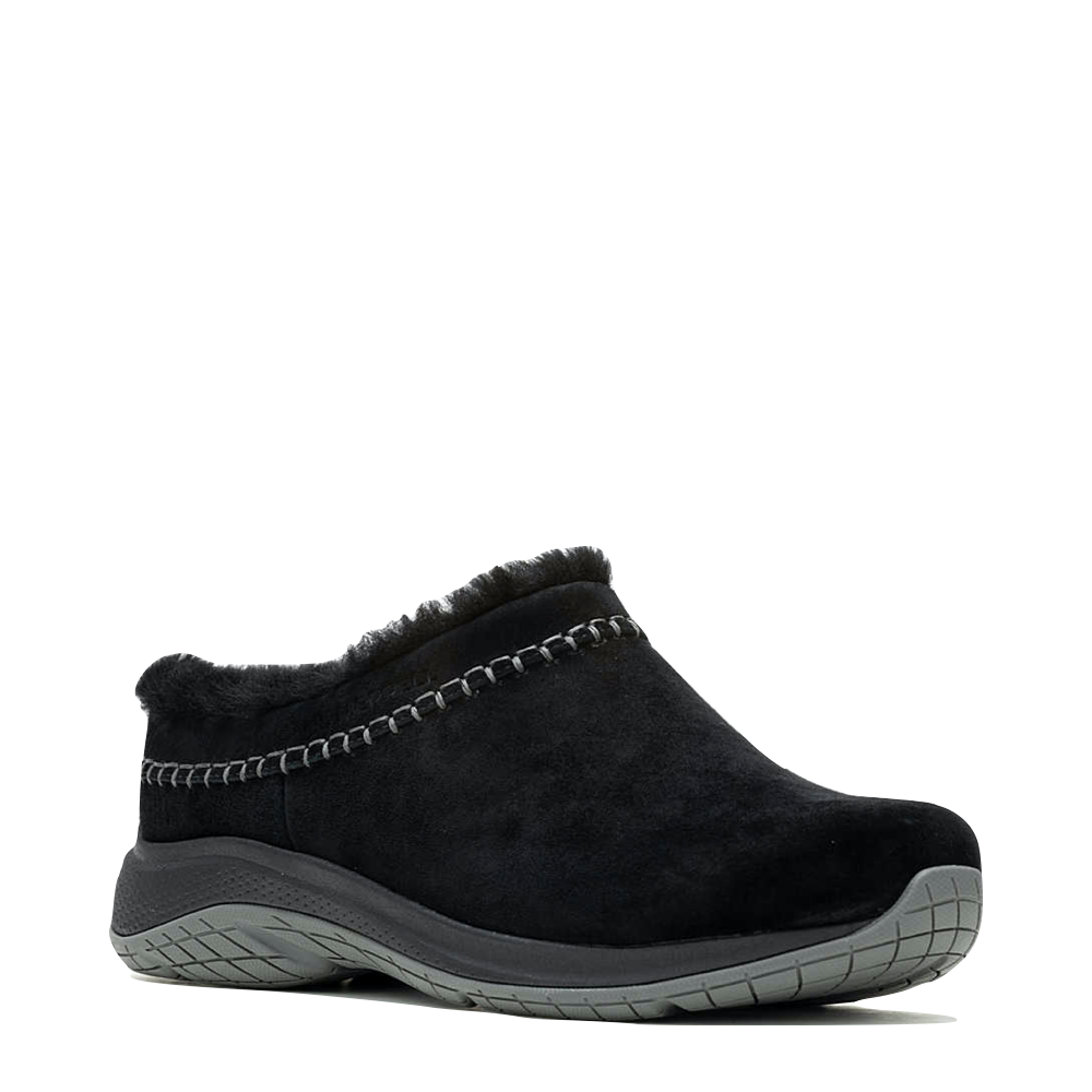 Mudguard and Toe view of Merrell Encore Ice 5 Waterproof Suede Leather Clog for women.