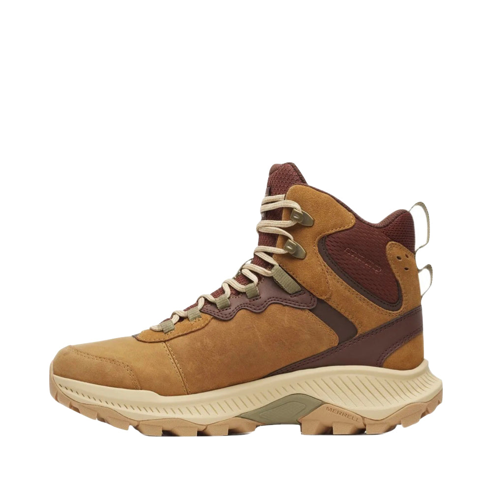 Side (left) view of Merrell Speed Strike 2 Leather Thermo Mid Waterproof Boot for women.