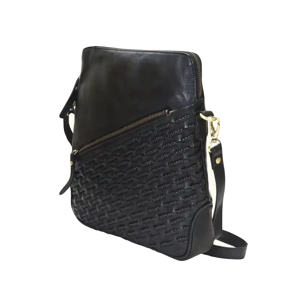 Side and front view of Milo Bologna Leather Crossbody Bag in black.