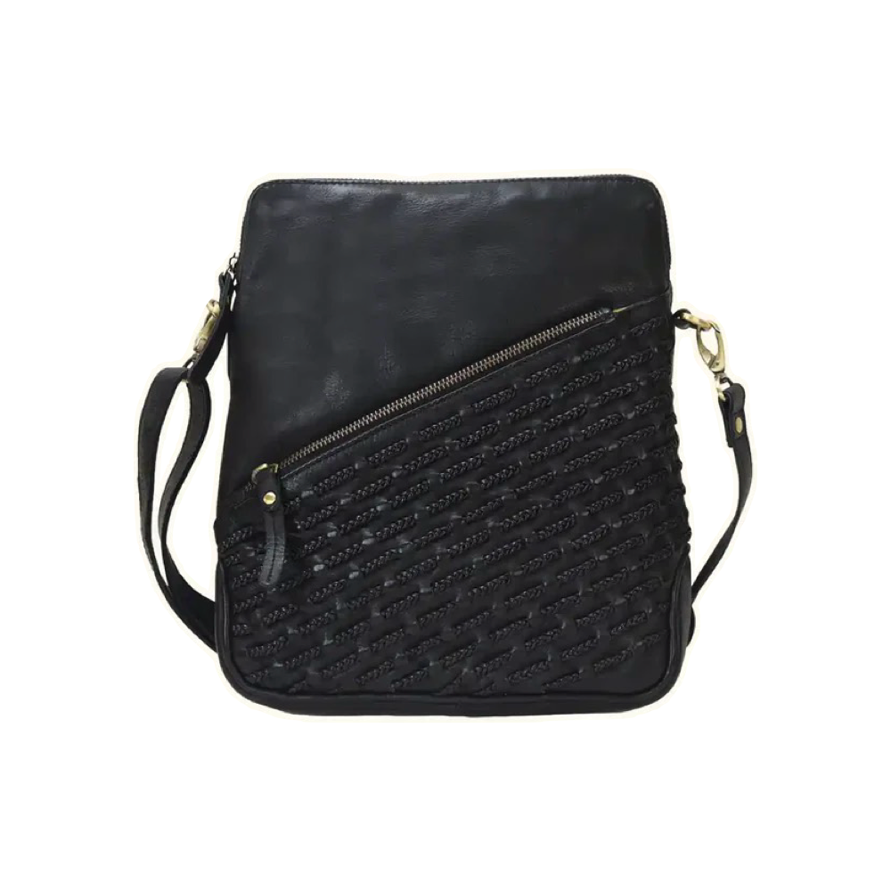 Front view of Milo Bologna Leather Crossbody Bag in black.