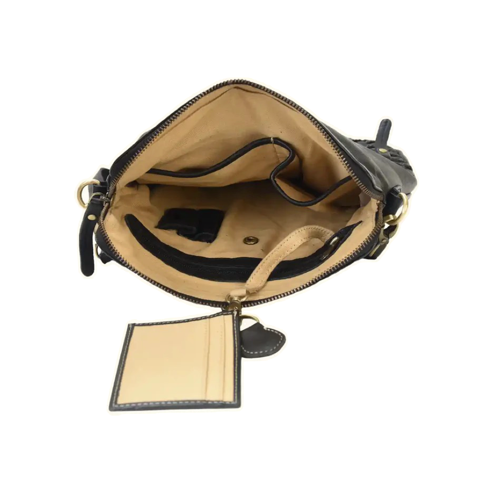 Top-down view of Milo Bologna Leather Crossbody Bag in black.