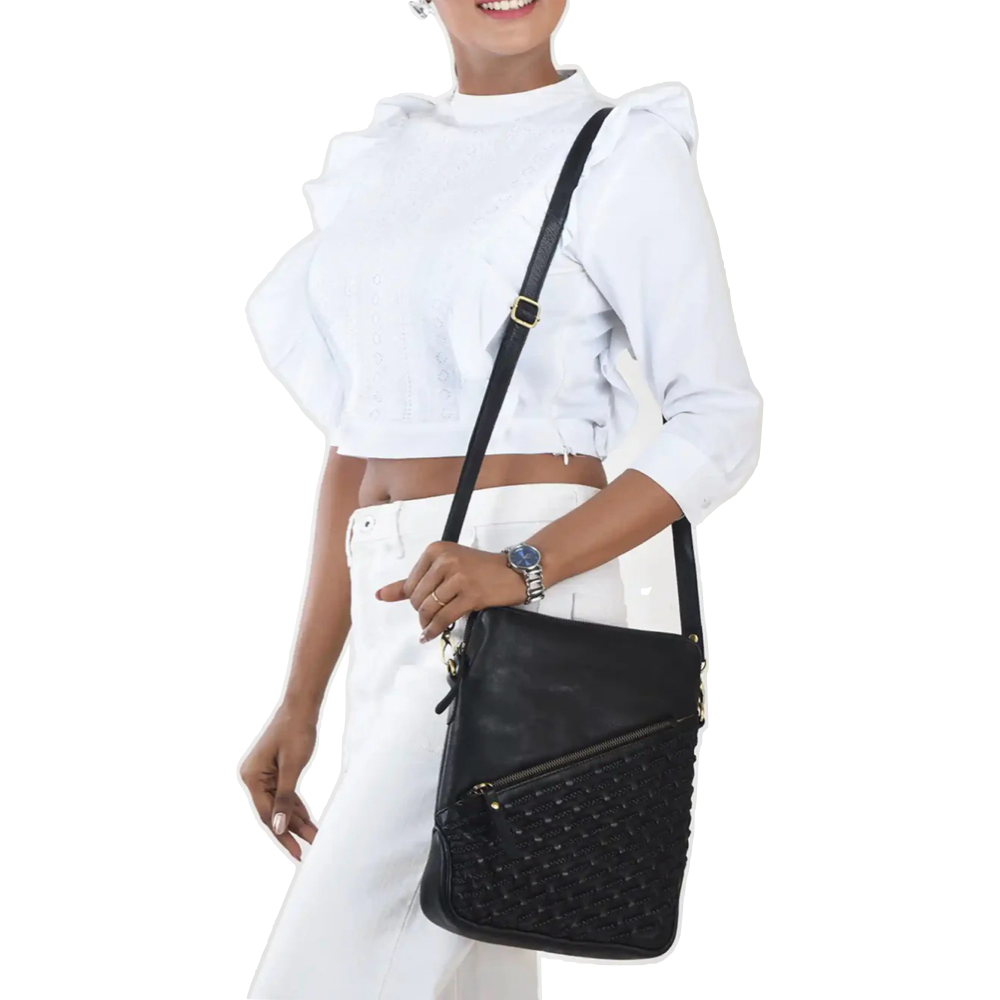 Model view of Milo Bologna Leather Crossbody Bag in black.