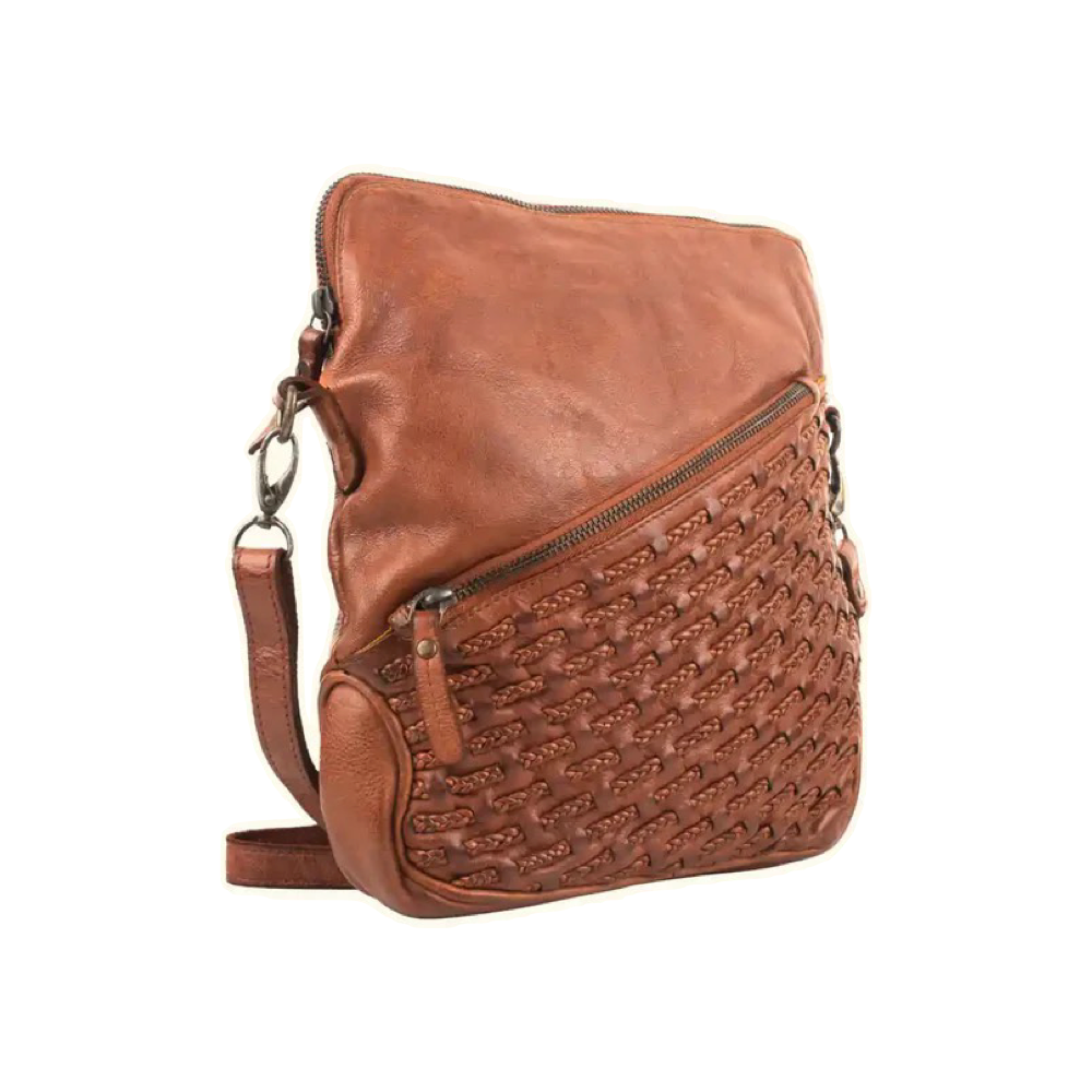 Front and side view of Milo Bologna Leather Crossbody Bag in cognac.