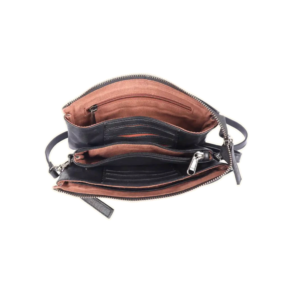 Top-down view of Milo Brisa Leather Crossbody Bag in black.