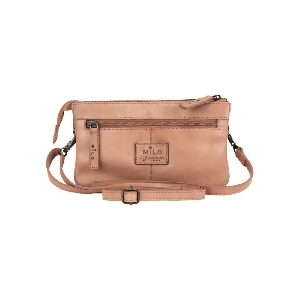 Back view of Milo Brisa Leather Crossbody Bag in taupe.