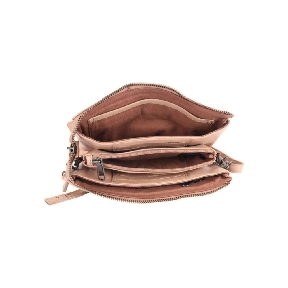 Top-down view of Milo Brisa Leather Crossbody Bag in taupe.