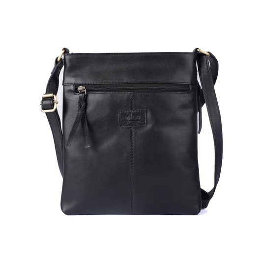 Front view of Milo Edith Leather Crossbody Bag in black.