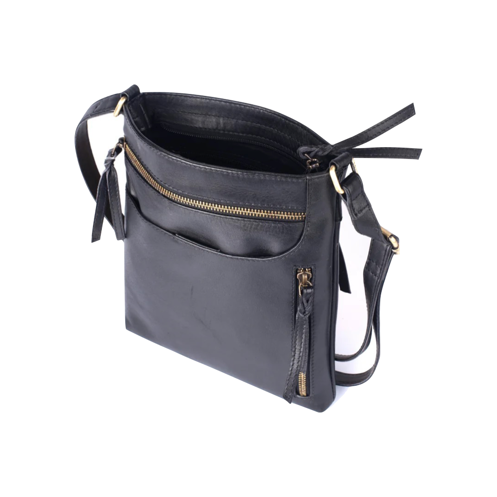 Side view of Milo Edith Leather Crossbody Bag in black.