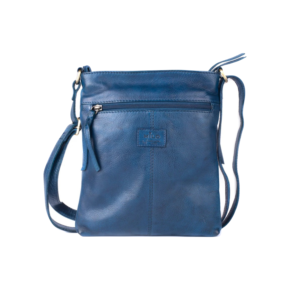 Front view of Milo Edith Leather Crossbody Bag in blue.