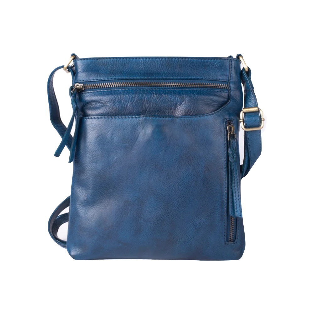 Back view of Milo Edith Leather Crossbody Bag in blue.