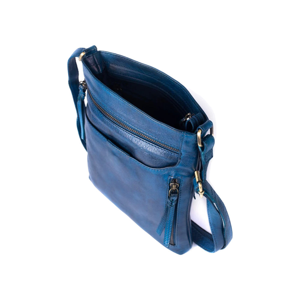 Side and top view of Milo Edith Leather Crossbody Bag in blue.