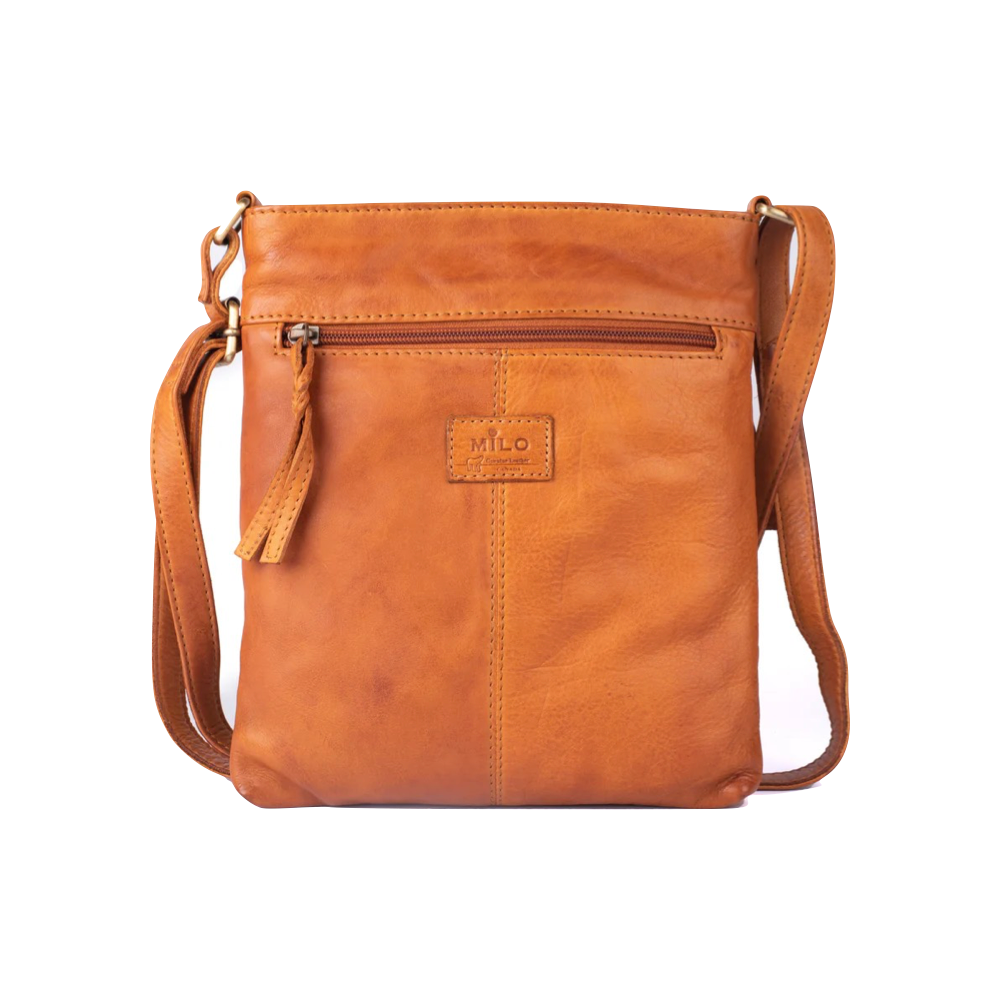 Front view of Milo Edith Leather Crossbody Bag in tan.