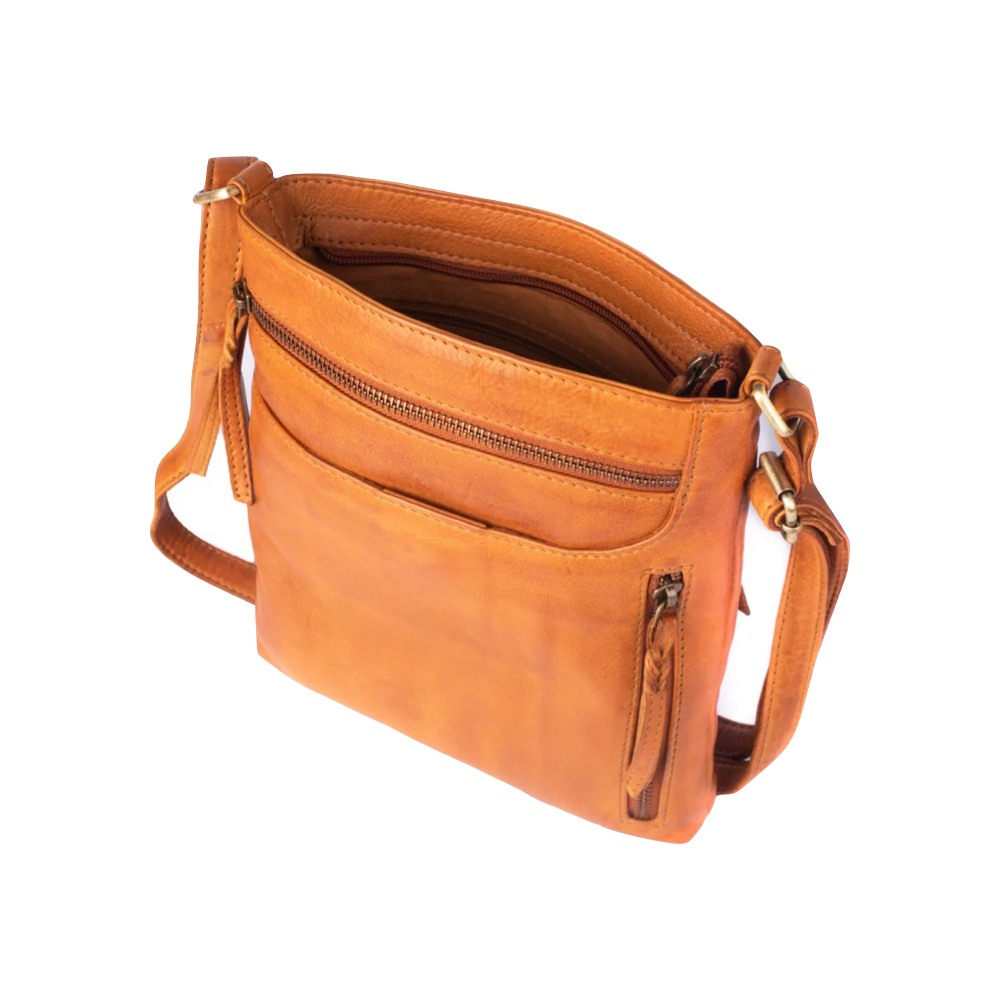 Side and top view of Milo Edith Leather Crossbody Bag in tan.