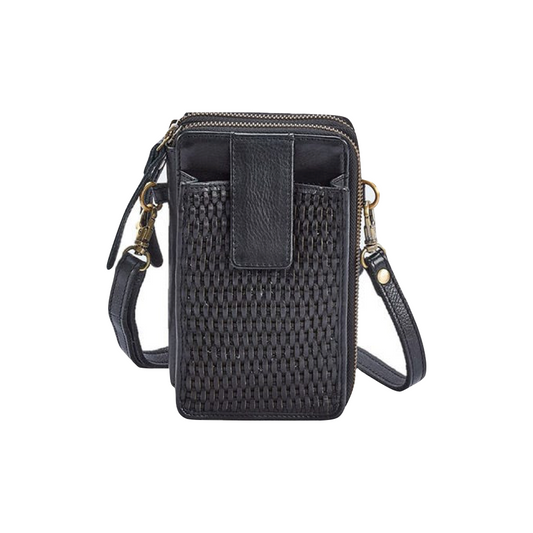 Front view of Milo Ella Woven Leather Crossbody Wallet.
