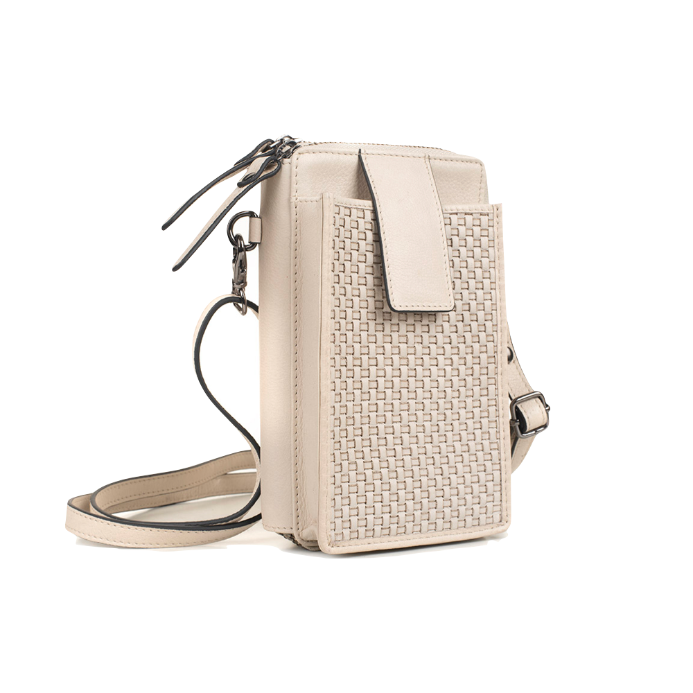 Front view of Milo Ella Woven Leather Crossbody Wallet.