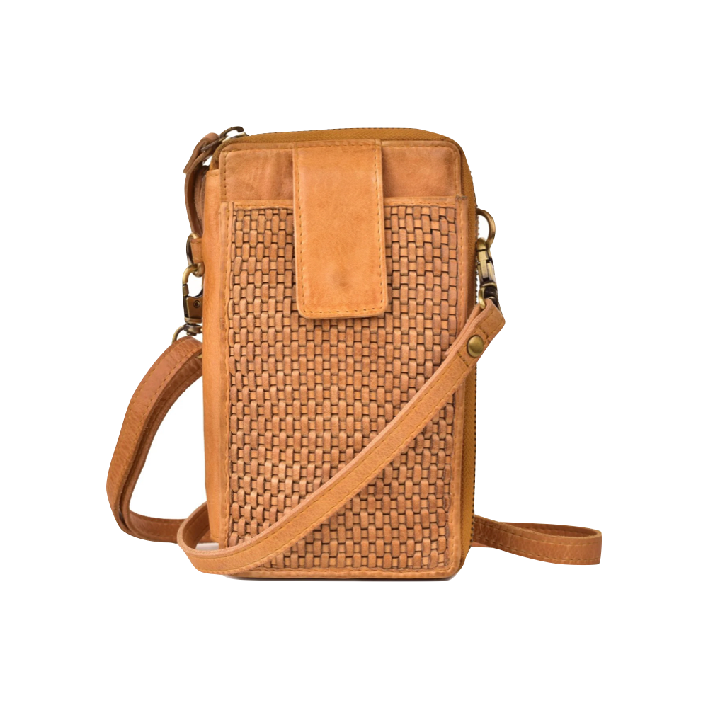 Front view of Milo Ella Woven Leather Crossbody Wallet.