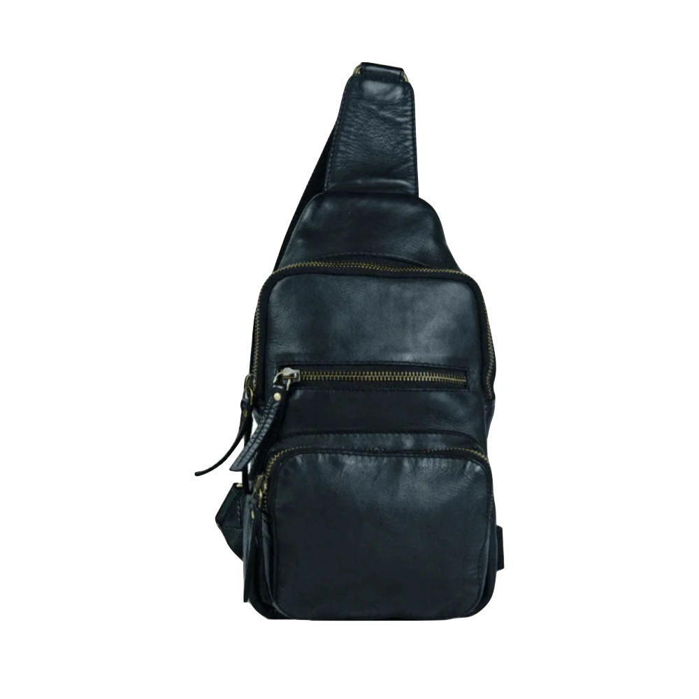 Front view of Milo Martina Leather Sling Backpack in black.