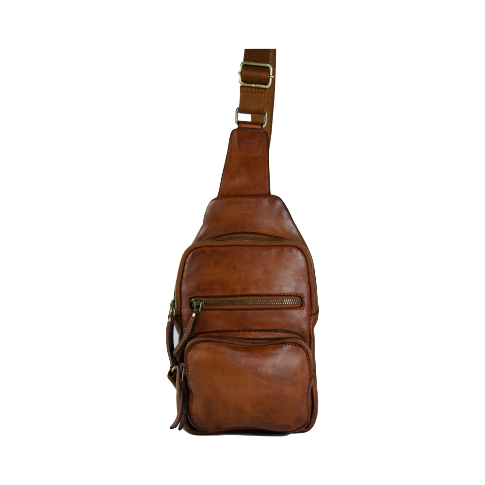 Front view of Milo Martina Leather Sling Backpack in brown.