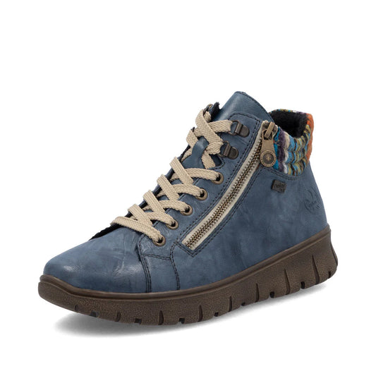 Rieker Women's Heike 05 Double Side Zip Waterproof Lace Boot in Baltik Blue