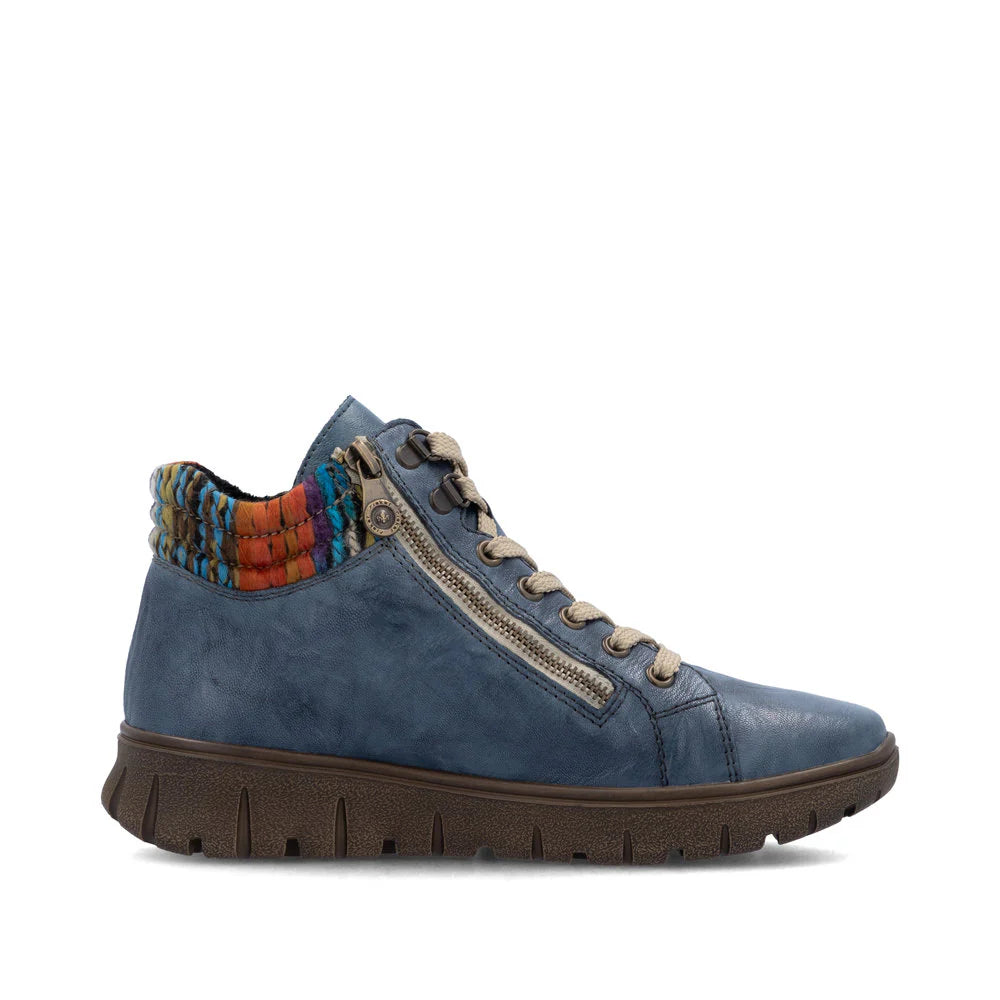 Rieker Women's Heike 05 Double Side Zip Waterproof Lace Boot in Baltik Blue