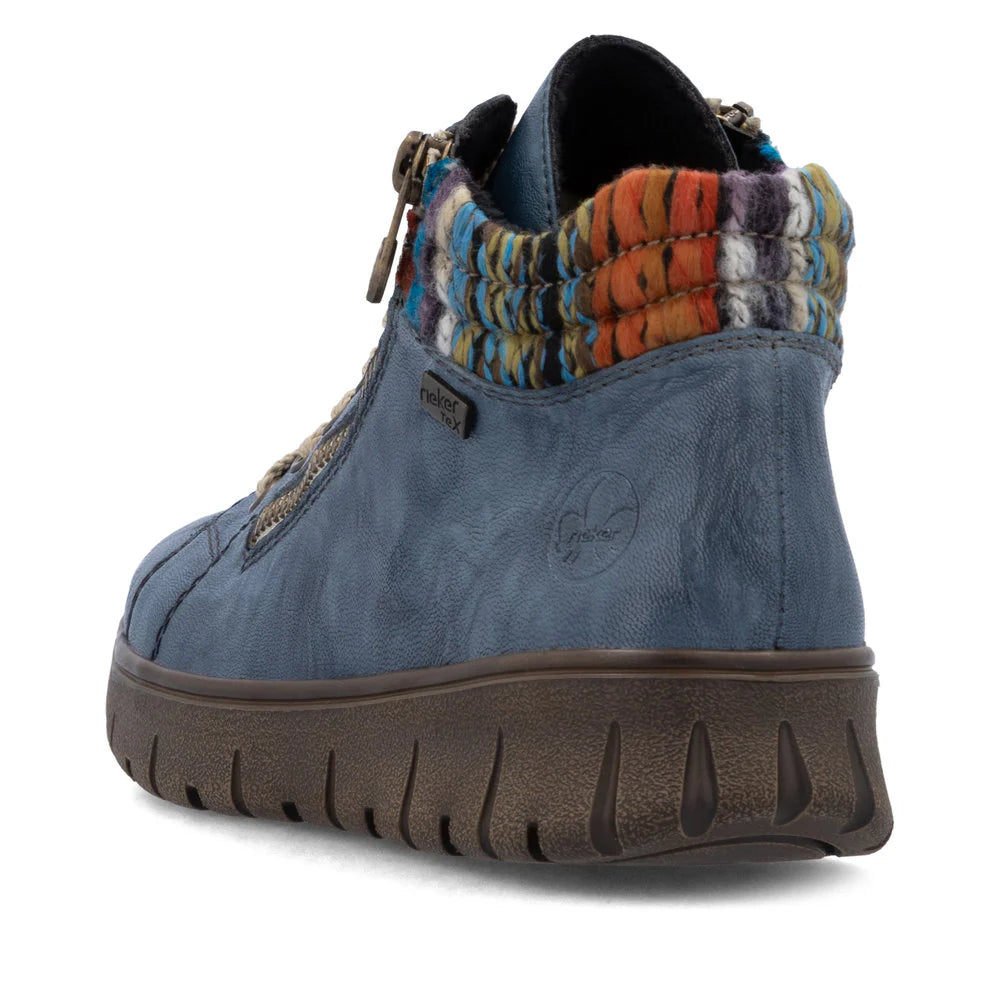 Rieker Women's Heike 05 Double Side Zip Waterproof Lace Boot in Baltik Blue