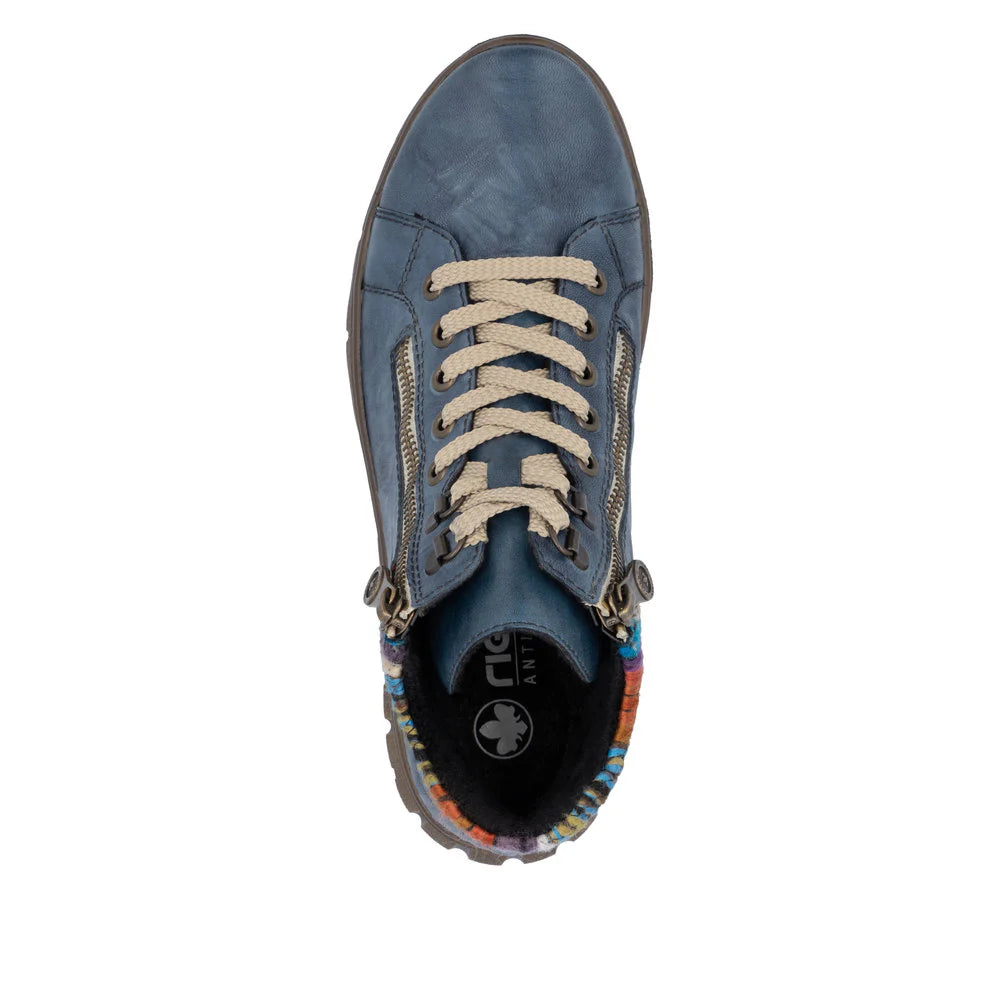 Rieker Women's Heike 05 Double Side Zip Waterproof Lace Boot in Baltik Blue