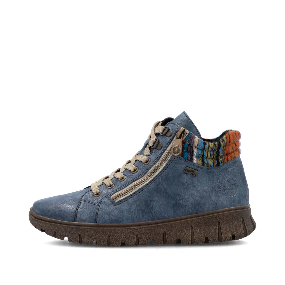 Rieker Women's Heike 05 Double Side Zip Waterproof Lace Boot in Baltik Blue