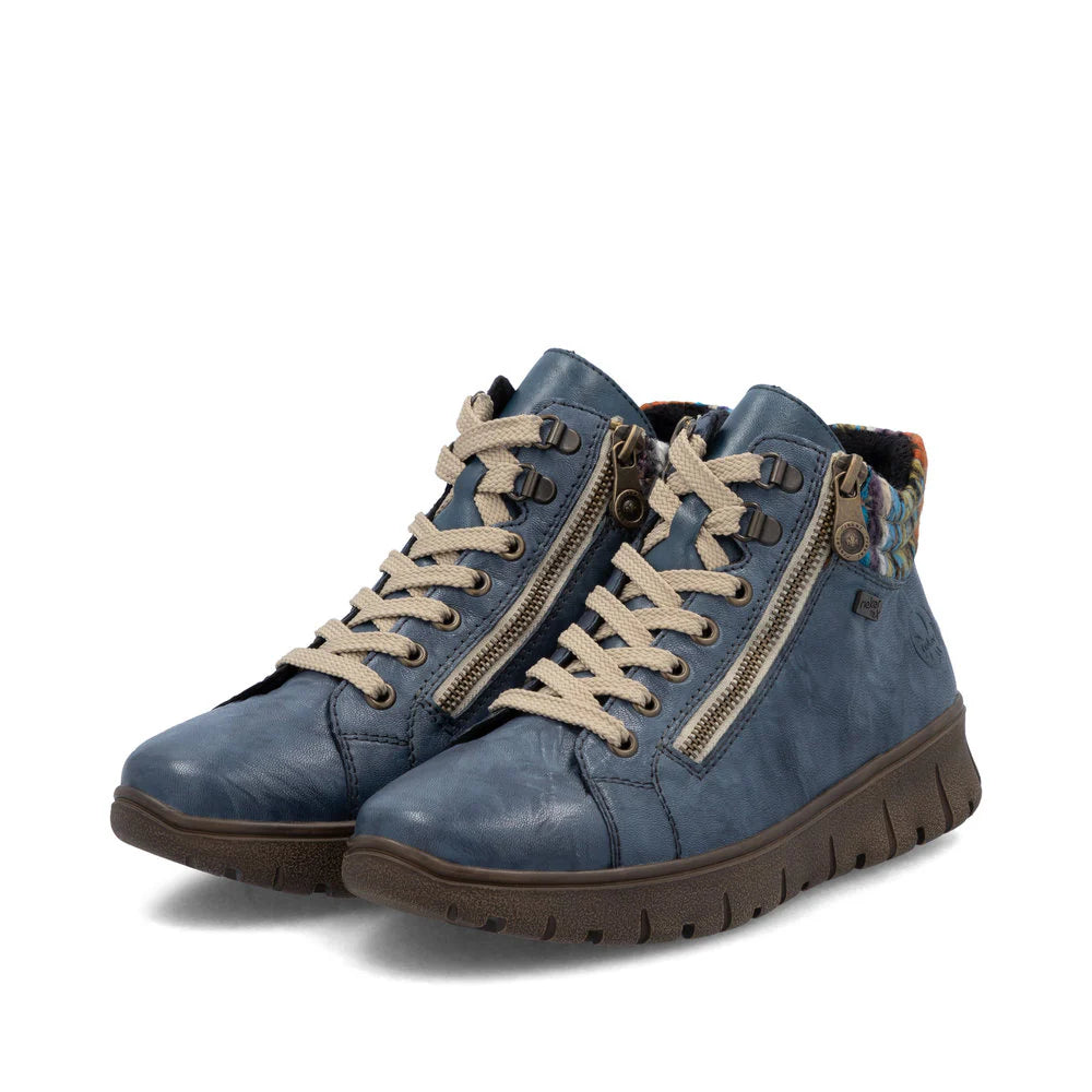 Rieker Women's Heike 05 Double Side Zip Waterproof Lace Boot in Baltik Blue